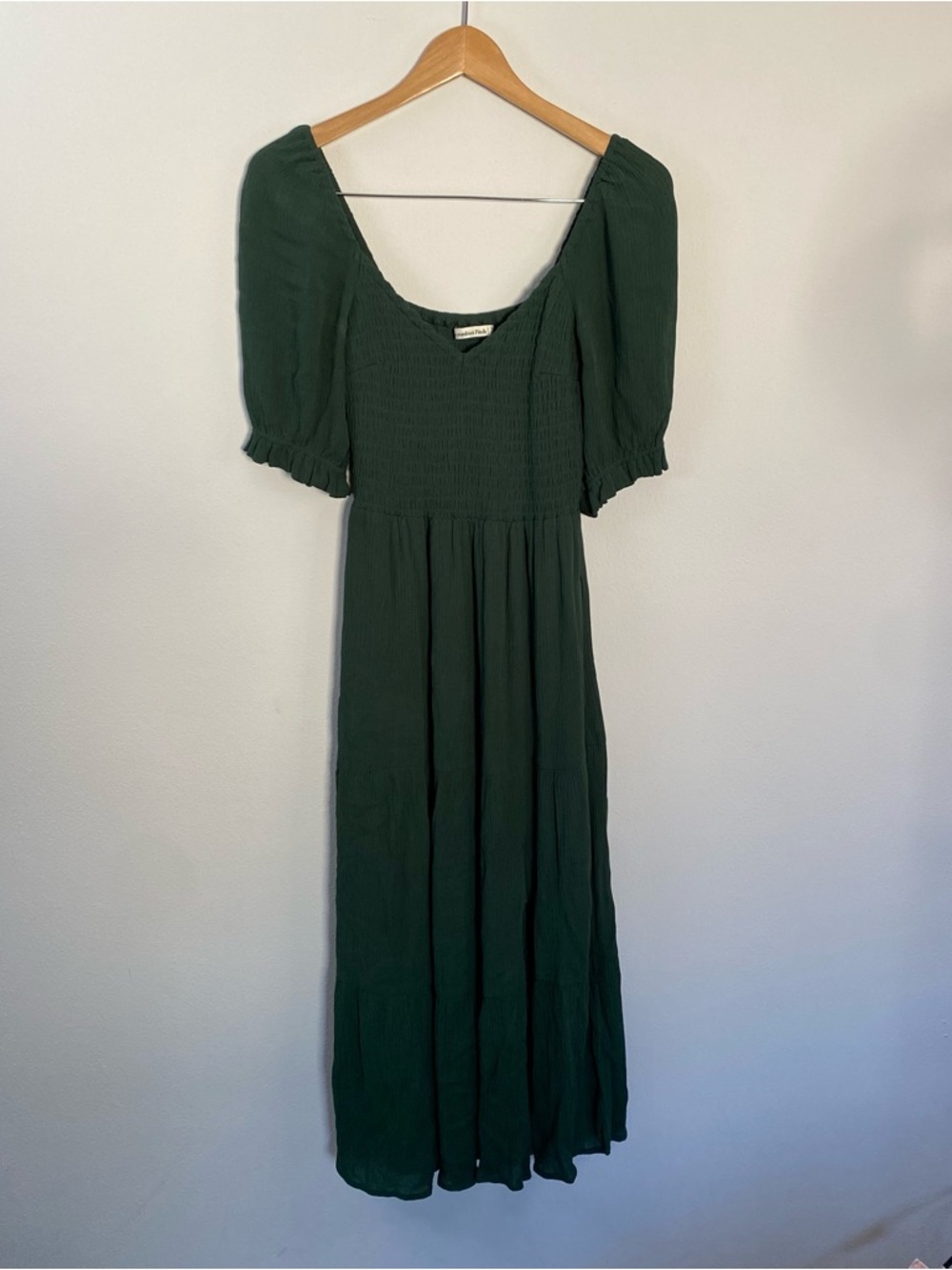 Abercrombie and Fitch Smocked Puff Sleeve Green Midi Dress Womens Small Tall